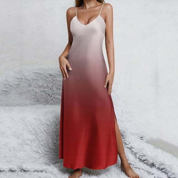 Mifsaly Satin Silk Dress for Women Deep V-Neck Spaghetti Strap Nightgown Gradient Side Slit Maxi Sleep Dresses Lightweight Soft Nightwear and Loungewear L