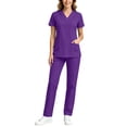 thumbnail image 1 of Mifsaly Scrub Sets for Woman V Neck Short Sleeve Uniform Tops and Elastic Drawstring Cargo Pants with Pockets Comfortable Nursing Professional Workwear Purple,XXL, 1 of 9
