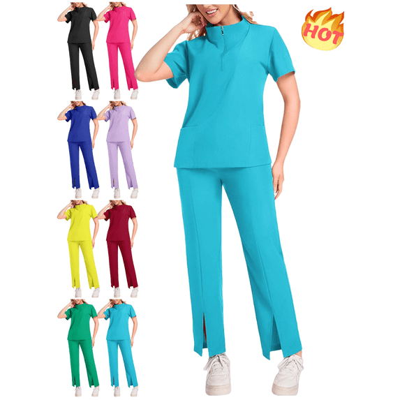 Mifsaly Scrubs for Women Set Doctors Nursing Scrubs Matching Outfits 2026 Soild Color Workwear Half Zip Short Sleeve Tops & High Waist Wide Leg Pants with Pockets S