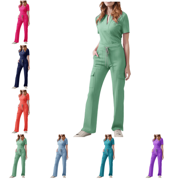 Mifsaly Scrubs for Women Set V Neck Loose Tunic Tops & Drawstring Elastic Waist Cargo Pants with 5 Pockets Soild Color Doctors Nursing Scrub Matching Outfits 2026 Stretchy Nurse Uniform L