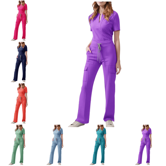 Mifsaly Scrubs for Women Set V Neck Loose Tunic Tops & Drawstring Elastic Waist Cargo Pants with 5 Pockets Soild Color Doctors Nursing Scrub Matching Outfits 2026 Stretchy Nurse Uniform S