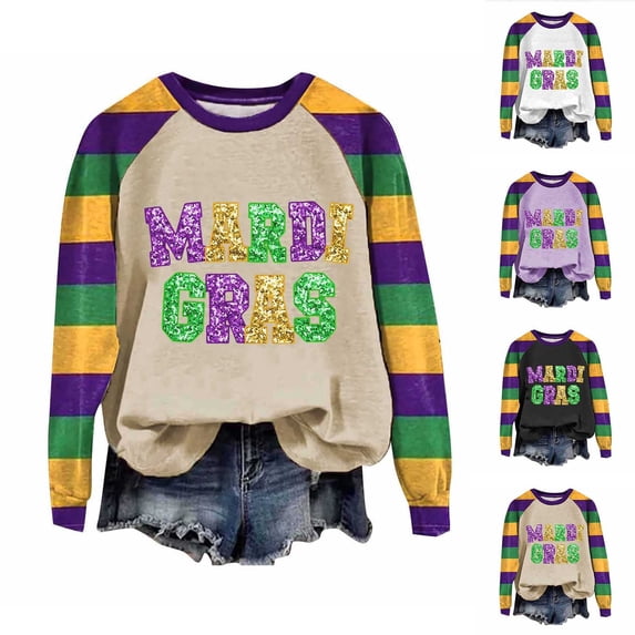 Mifsaly Sequin Mardi Gras Tops Women Raglan Sleeve Crewneck Sweatshirts Glitter Letter Print Carnival Sweatshirt Funny Holiday Party Pullover S