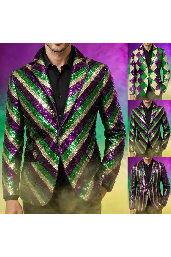 Sequins Blazer Mens Mardi Gras Jacket Glitter Sport Coats Plus Size Cocktail Party Carnival Suit Jackets Sparkly Evening Holiday Masquerade Dance Outerwear with Pockets XXXL