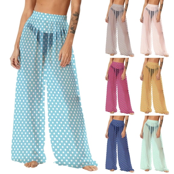Mifsaly Sheer Pants for Women Polka-Dot Bathing Suit Cover Up Pant 2026 Beach Swimsuit Bikini Bottoms Summer Vacation Lightweight Flowy Swimming Trousers L