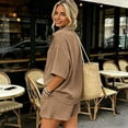 thumbnail image 1 of Mifsaly Short Outfits for Women 2 Piece Sets Short Sleeve Button Down Henley Shirts and Drawstring Shorts Casual Summer Beach Vacation Lounge Matching Clothes Coffee,XL, 1 of 9