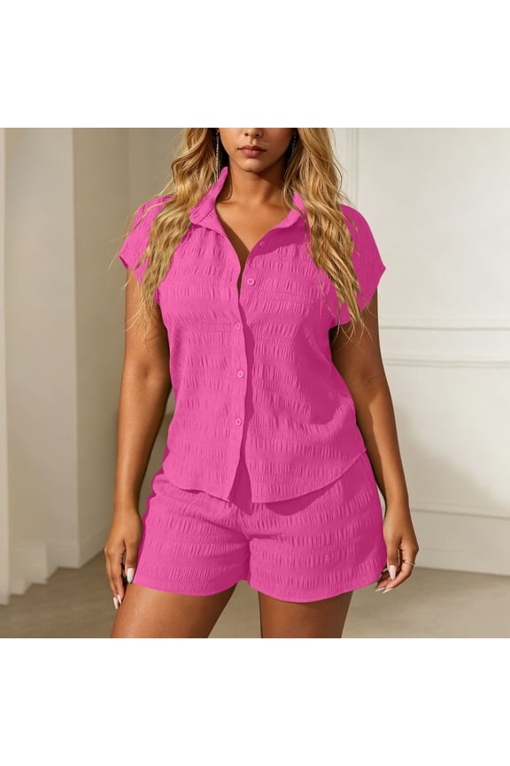 Short Sets Women 2 Piece Outfits Short Sleeve Button Down Collared Shirt and High Waisted Shorts Textured Casual Summer Matching Clothes Hot Pink,S