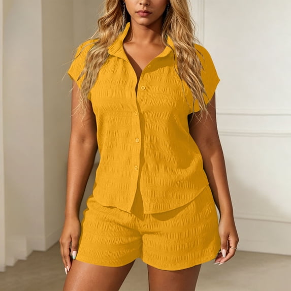 Mifsaly Short Sets Women 2 Piece Outfits Short Sleeve Button Down Collared Shirt and High Waisted Shorts Textured Casual Summer Matching Clothes Yellow,L