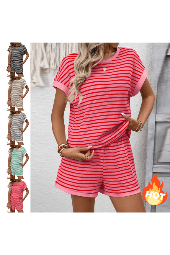 Short Sets Women 2 Piece Outfits Striped Matching Lounge Outfits Sleeve Crewneck T-Shirt and High Waisted Shorts 2026 XL
