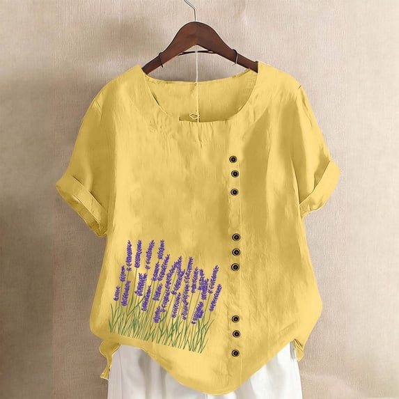 Mifsaly Short Sleeve Blouses for Women Button Down Linen Shirt Dressy Casual Loose Tshirt Floral Graphic Loose Summer Tops Vacation Fashion Outfits L