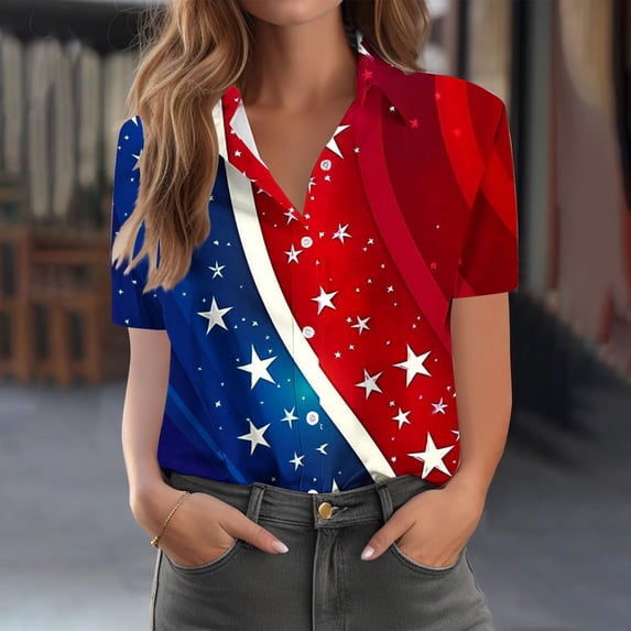 Mifsaly Short Sleeve Button Down Shirts for Women Lapel Collar V Neck Blouses Patriotic Hearts American Flag Print Independence Day Tops 2026 L