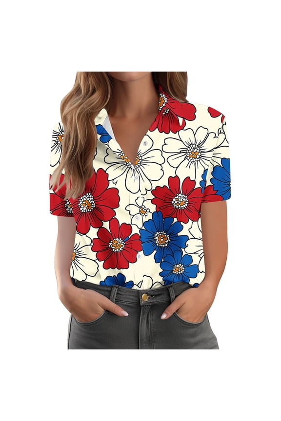 Short Sleeve Button Down Shirts for Women Lapel Collar V Neck Blouses Patriotic Hearts American Flag Print Independence Day Tops 2026 XL