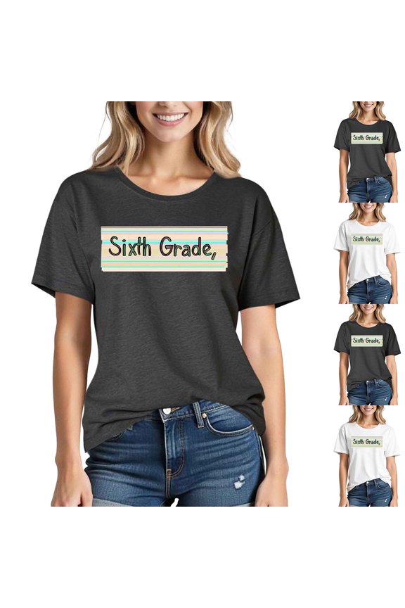 Short Sleeve Cotton T Shirts Women Back to School Teaching Life T-Shirt Sixth Grade Colorful Striped Graphic Casual Summer Basic Tees School Season Shirts L