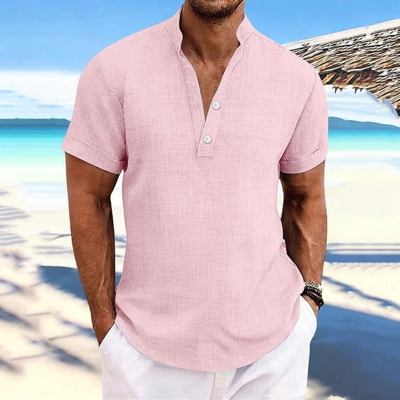 Mifsaly Short Sleeve Dress Shirts for Men V-Neck Linen Shirt Lightweight Business Casual Blouses Travel Vacation Fashion Summer Tops XL