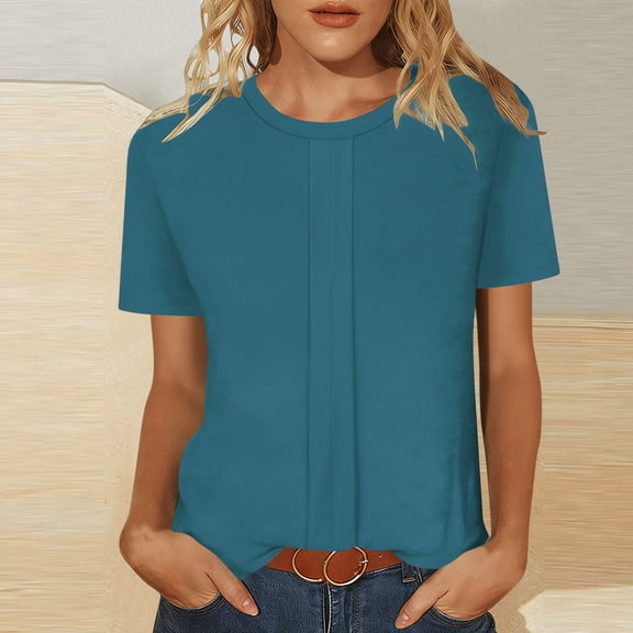Mifsaly Short Sleeve Shirts For Women Cotton Tshirts Pleated Work Blouse Crewneck Tops Dressy Casual Fashion Summer Outfits S