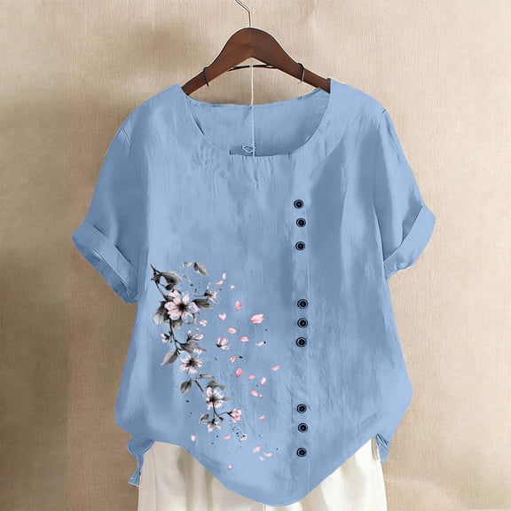 Mifsaly Short Sleeve Shirts for Women Floral Print Linen Tops Lightweight Casual Summer Blouse Button Down Loose Tshirts Going Out Fashion Officewear 2026 XL