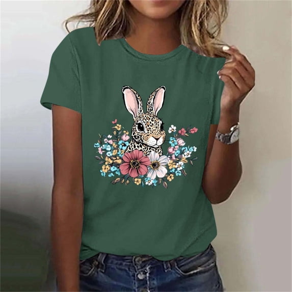 Mifsaly Short Sleeve T-Shirts Women Leopard Print Easter Bunny Floral Graphic Cotton tops Soft Breathable Relaxed Fit Casual Summer Tees S