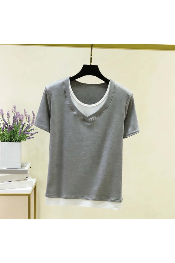 Short Sleeve Tops for Women Casual Two Layer Look Ribbed T-Shirt V Neck Short Sleeve Summer Tops Contrast Trim Slim Fit Tee Lightweight Versatile Daily Basic Shirt XXL