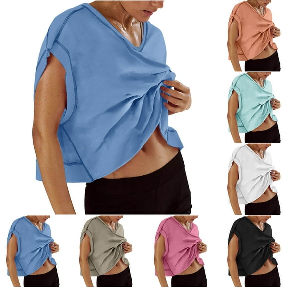 Mifsaly Short Sleeve Workout Tops for Women V-Neck Open Shoulder Blouse Patchwork Breathable Summer Top Outdoor Sport T-Shirts Yoga Running Shirt Dressy Casual Pullover XL
