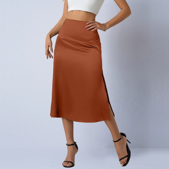 Mifsaly Silk Skirts for Women Side Slit Slim Fit High Waisted Midi Satin Skirt Elegant Office Work Party Wedding Guest Clothes XL