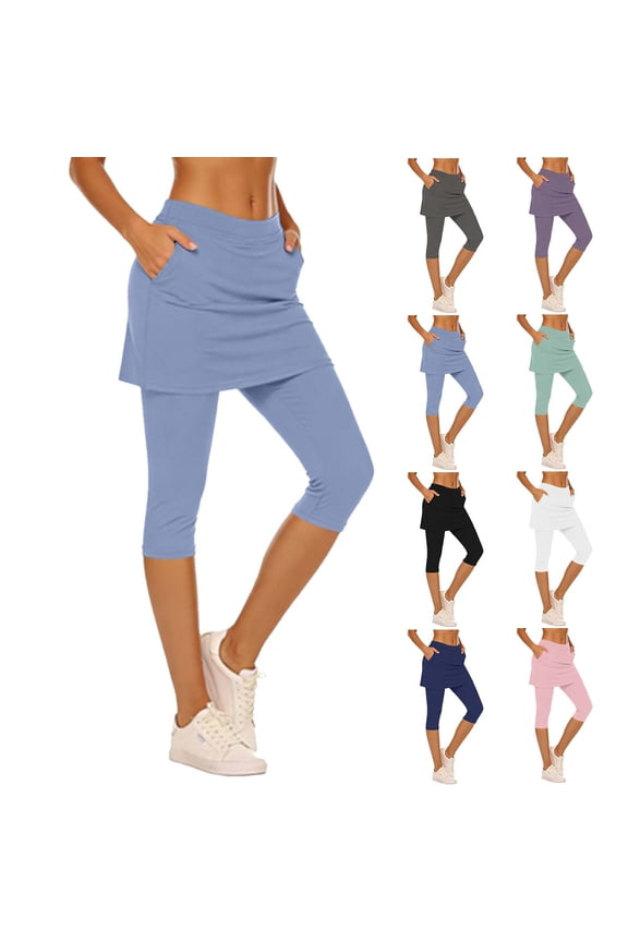 Skirted Leggings for Women Tennis Golf Yoga Capri Skorts Gym Training Stretchy Workout Pants with Pockets Light Blue