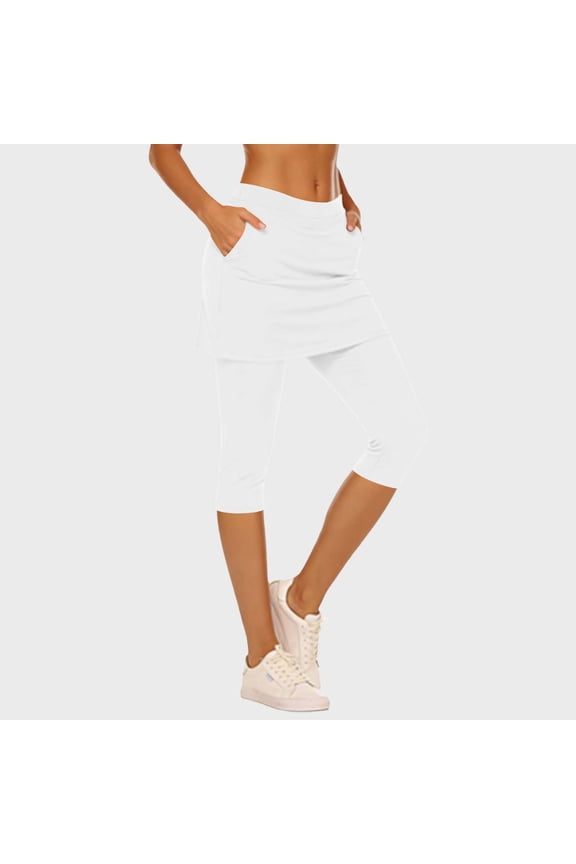 Skirted Leggings for Women Tennis Golf Yoga Capri Skorts Gym Training Stretchy Workout Pants with Pockets White