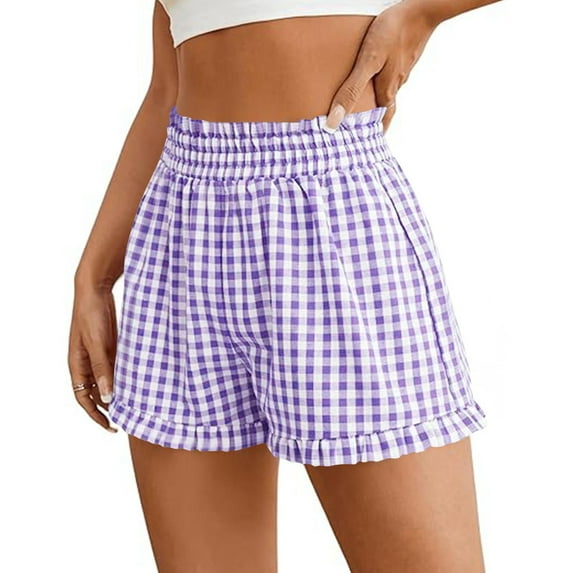 Mifsaly Sleep Shorts Women Plaid Pants Ruffle Hem Elastic Wasit Sleepwear Bottoms Summer Casual Short Pant Comfy Breathable Homewear L