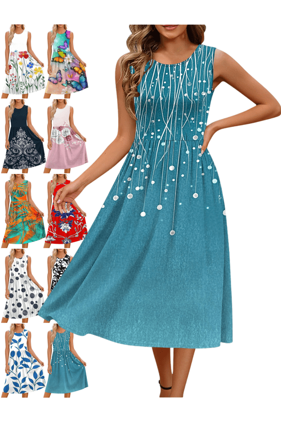 Sleeveless Dress for Women Floral Print Boho A-Line Midi Dresses Flowy Spring Summer Vacation High Waist Sundresses L