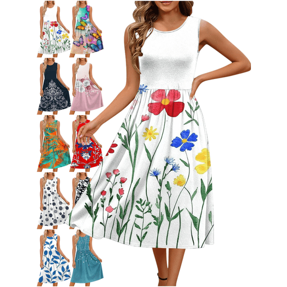 Mifsaly Sleeveless Dress for Women Floral Print Boho A-Line Midi Dresses Flowy Spring Summer Vacation High Waist Sundresses M