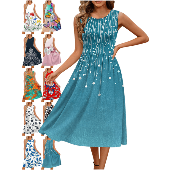 Mifsaly Sleeveless Dress for Women Floral Print Boho A-Line Midi Dresses Flowy Spring Summer Vacation High Waist Sundresses M