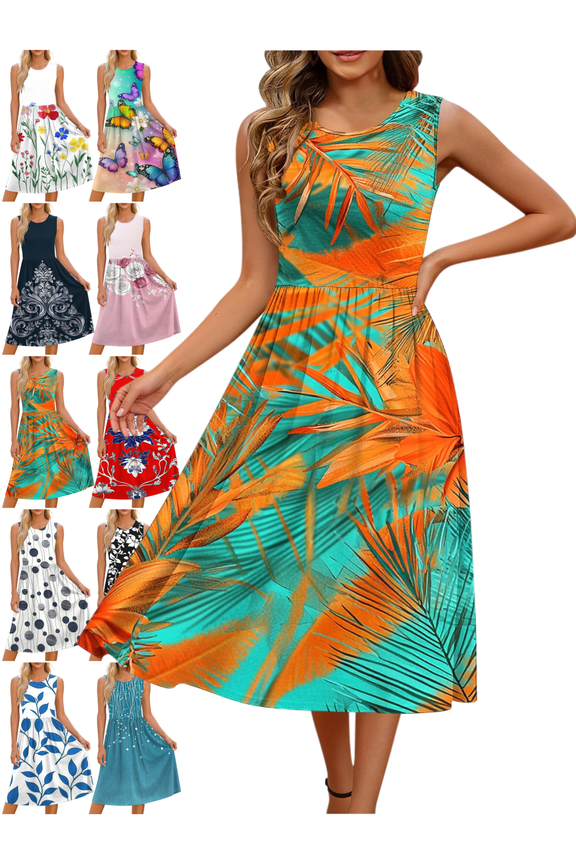 Sleeveless Dress for Women Floral Print Boho A-Line Midi Dresses Flowy Spring Summer Vacation High Waist Sundresses XXL