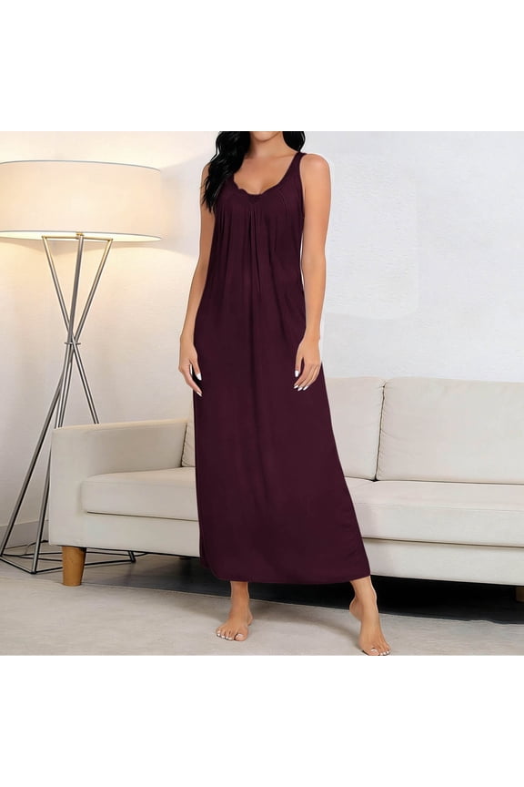 Sleeveless Nightgowns for Women Lace Trim V Neck Maxi Sleep Dresses Soft Comfortable Elegant Flowy Full Length Sleepwear Wine,XXL