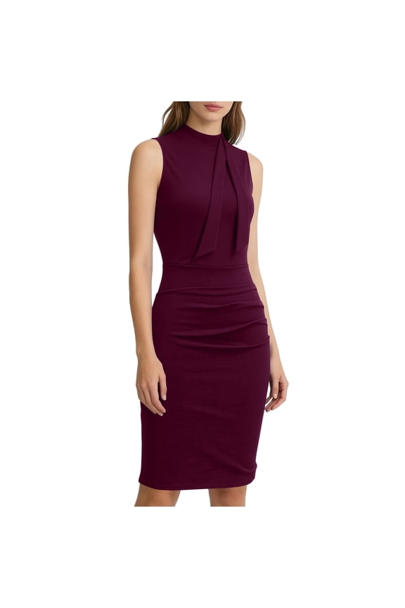 Sleeveless Sheath Dress for Women Tie Knot Mock Neck Business office Work Pencil Dresses Slim Fit Ruched Cocktail Party Wedding Guest Gowns Wine,S