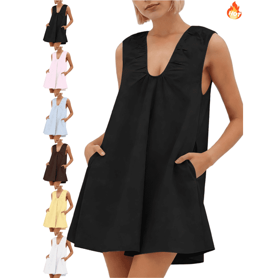 Mifsaly Sleeveless Tank Dress Women Flowy A-Line Mini Dresses Deep V-Neck Summer Party Sundress with Pockets L