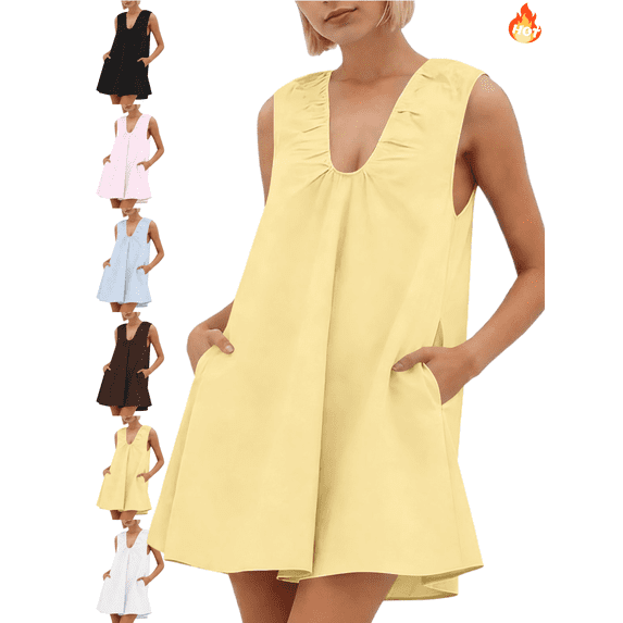 Mifsaly Sleeveless Tank Dress Women Flowy A-Line Mini Dresses Deep V-Neck Summer Party Sundress with Pockets S