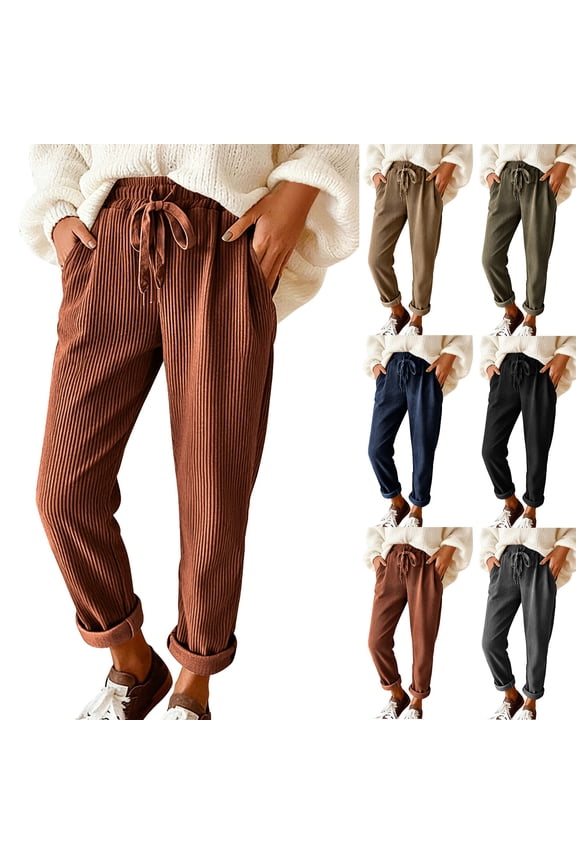 Slim Leg Corduroy Pants Women Ribbed High Waist Casual Pant Drawstring Cuffed Hem Soft Textured Vintage Loose Trousers with Pockets S