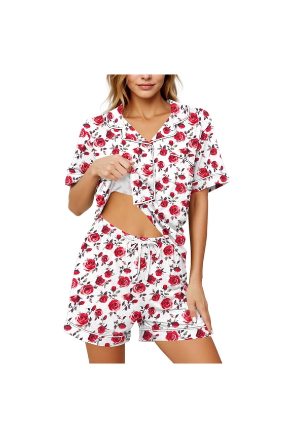 Soft Pajama Set for Women Short Sleeve Button Down Notch Collar Pjs with Drawstring Shorts Cute Print 2 Piece Summer Sleepwear Red,S