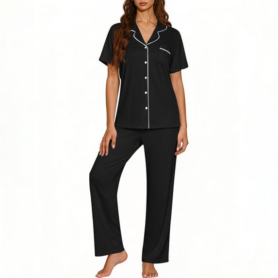 Mifsaly Soft Pajama Set for Women V-Neck Short Sleeve Button Down Sleepwear and Sleep Pants Comfortable Spring Summer Pjs Matching Homewear M