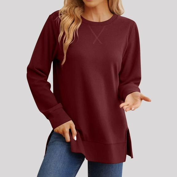 Mifsaly Soft Sweatshirts for Women Long Sleeve Side Split Loose Sweatshirt Crewneck Soild Color Fashion Pullover Tops Casual Shirts 2025