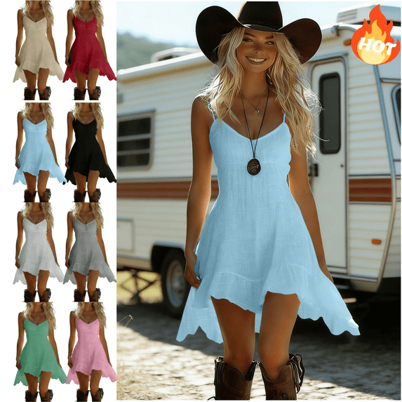 Mifsaly Spaghetti Strap Dresses for Women High Low Hem Sleeveless Linen Western Dress Lightweight Summer Casual Sundresses XXL