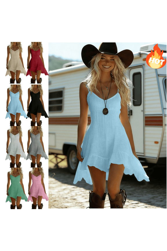 Spaghetti Strap Dresses for Women High Low Hem Sleeveless Linen Western Dress Lightweight Summer Casual Sundresses XXL