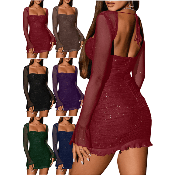 Mifsaly Sparkly Dresses for Women Sheer Long Sleeve Bodycon Dress Sequin Square Neck Cocktail Party Evening Gowns Mini Fashion Glitter Outfits XS