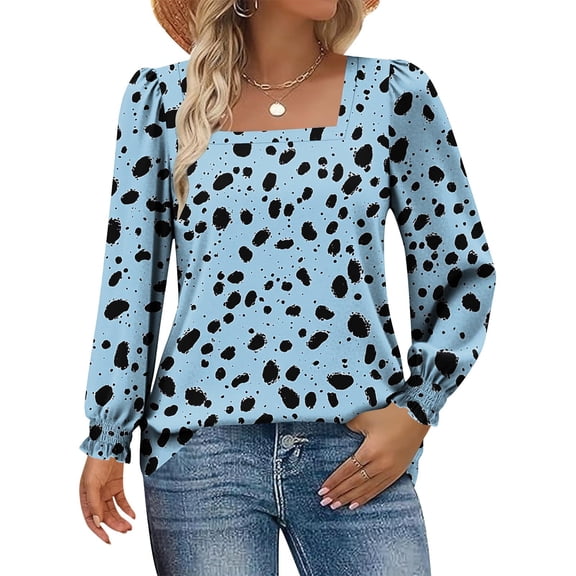 Mifsaly Square Neck Tops for Women Gradient Long Sleeve Ruffle Cuffed Shirt Smocked Cuffs Casual Loose Fit T-Shirts Work Going Out Casual Blouse Light Blue