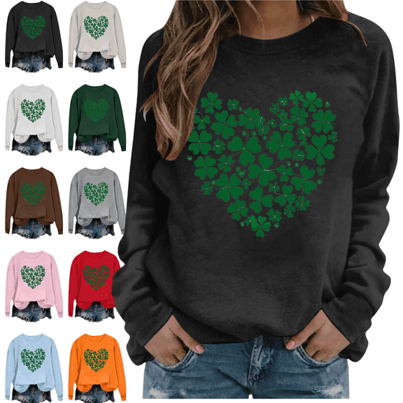 Mifsaly St Patricks Sweatshirts for Women Shamrock Print Long Sleeve Blouse Lightweight Heart Print Valentine Shirts Crewneck Loose Tunic Pullover Tops Lounge Cozy Spring T-Shirts L