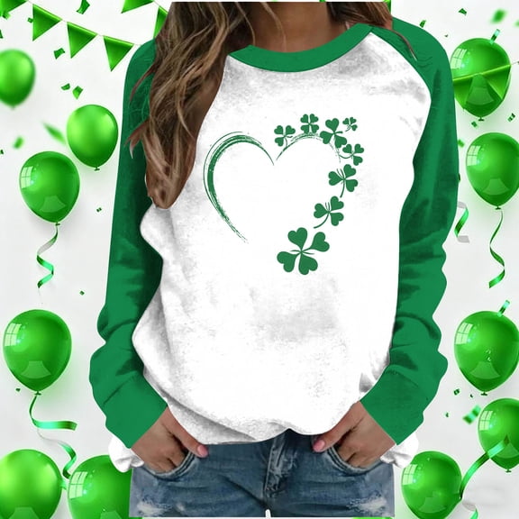 Mifsaly St Patty's Day Sweatshirt Women Patchwork Shamrock Shirts St Patricks Long Sleeve Shirt Tunic Loose Pullover Tops Classic Spring Blouse 2026 M