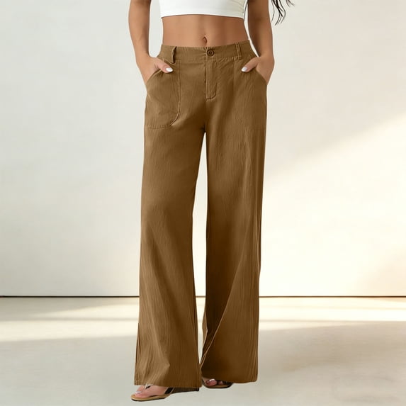Mifsaly Straight Leg Linen Pants for Women High Waist Casual Cotton Linen Trousers with Pockets Lightweight Loose Summer Outdoor Office Travel Clothes Coffee,XL