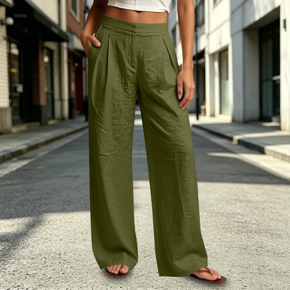 Mifsaly Straight Leg Linen Pants for Women High Waisted Flowy Trousers with Pockets Lightweight Loose Fit Elegant office Work Vacation Outfits Army Green,XXL