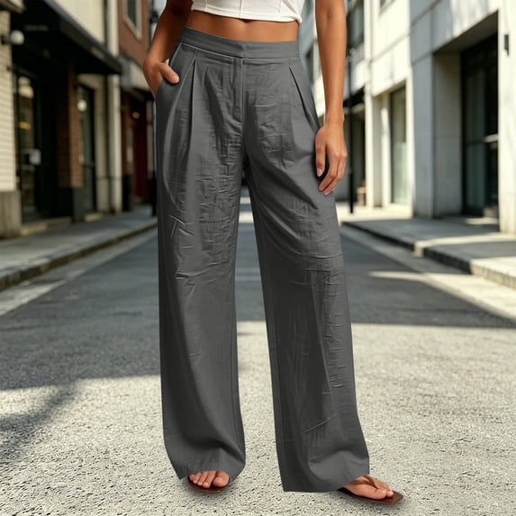 Mifsaly Straight Leg Linen Pants for Women High Waisted Flowy Trousers with Pockets Lightweight Loose Fit Elegant office Work Vacation Outfits Dark Gray,M