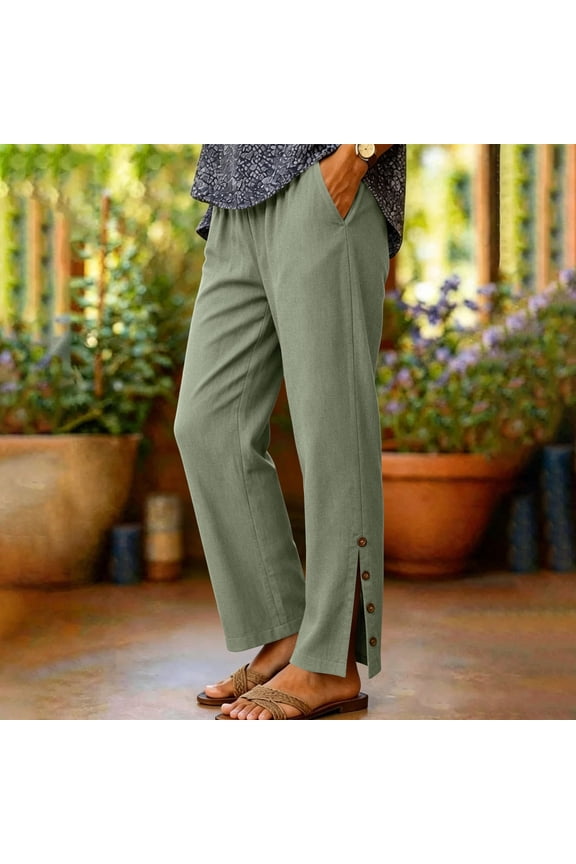 Straight Leg Linen Pants for Women Button Side Slit Hem Lightweight Summer Beach Pants with Pockets Green,S