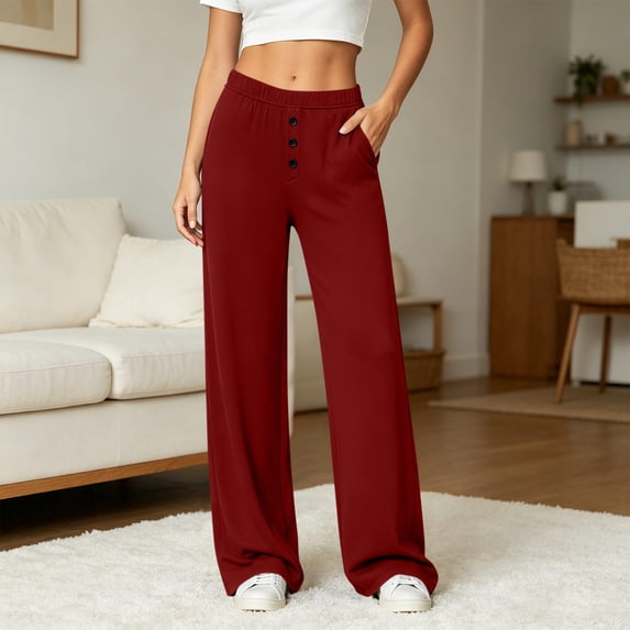 Mifsaly Straight Leg Yoga Pants for Women Button Front Relaxed Fit Sweatpants Soft Comfortable Lounge Pant with Side Pockets Red,XXL