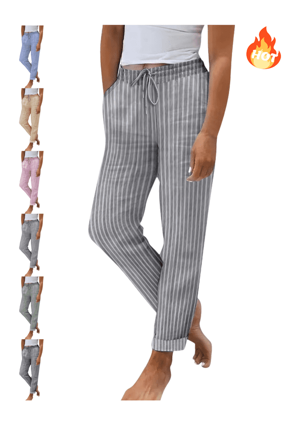 Striped Linen Pants Women Drawstring Elastic Waist Casual Pant Cuffed Hem Relaxed Work Trousers Casual Loose Travel Vacation Summer Clothes with Pockets